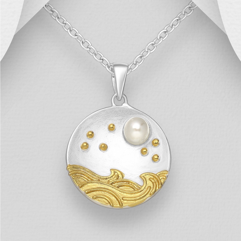 STERLING SILVER & 18K GOLD WAVE PENDANT WITH PEARL